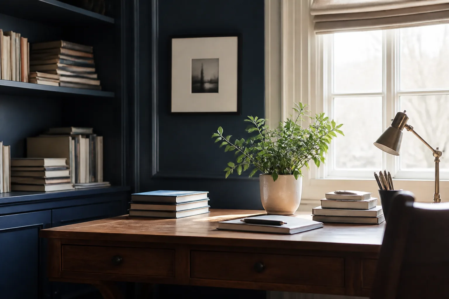 A calm editorial workspace with books and a plant