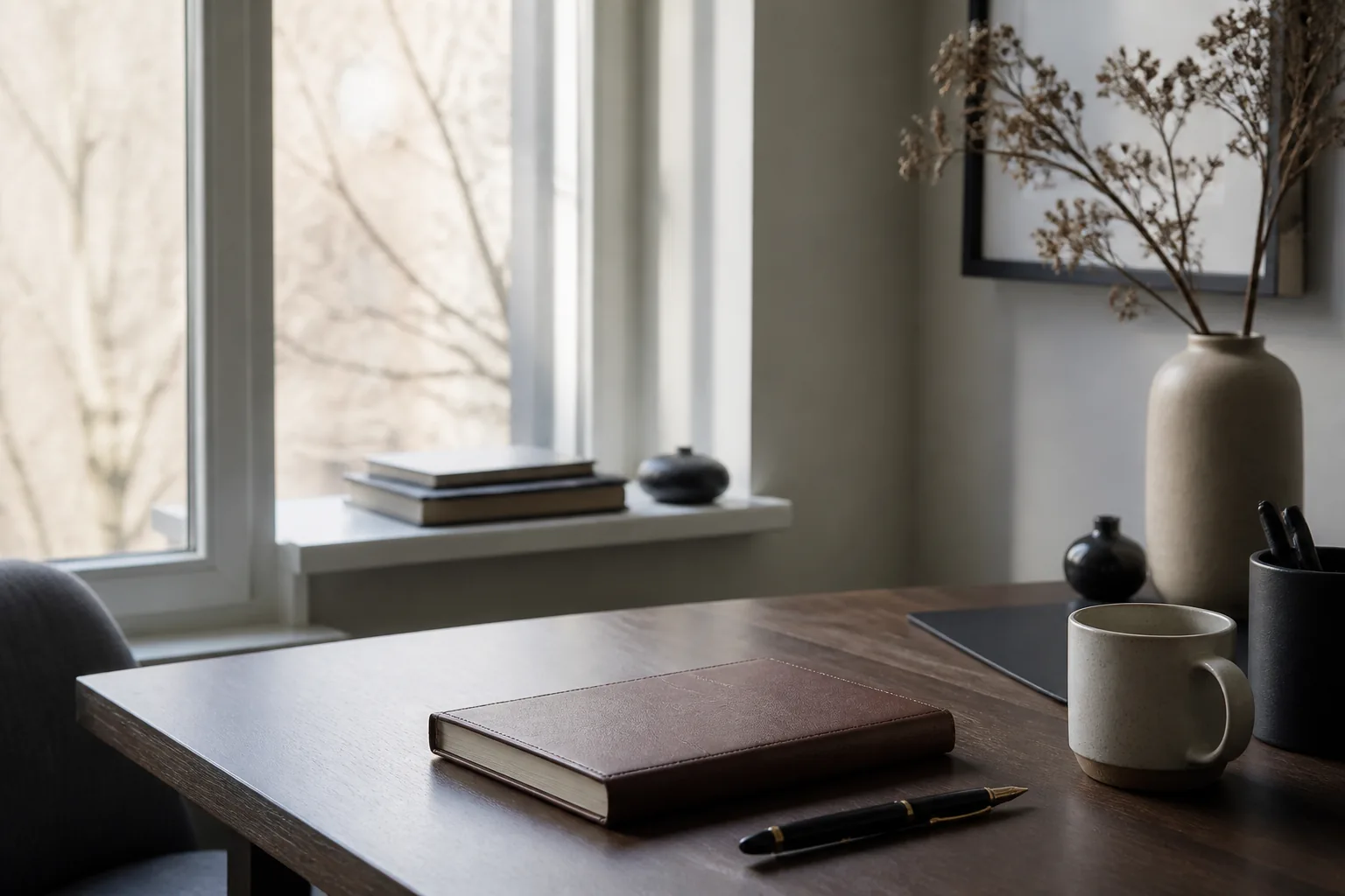 A quiet study desk with a notebook, pen and coffee by a window