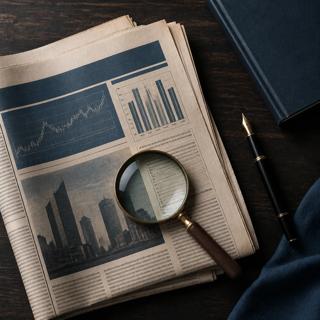 Newspapers and a magnifying glass